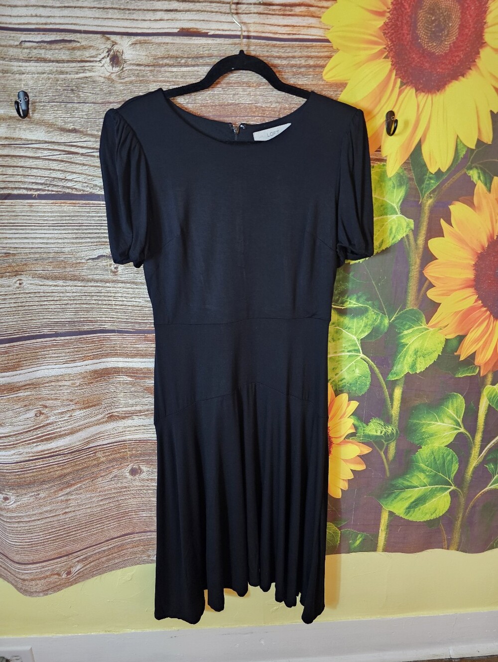 LOFT Black Midi Dress with Puff Sleeves